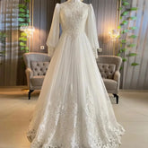 Dubai Ivory Muslim Lace Weddings Dresses High Neck Hijab Bridal Gown for Bride Full Sleeves Vestido De Casamento